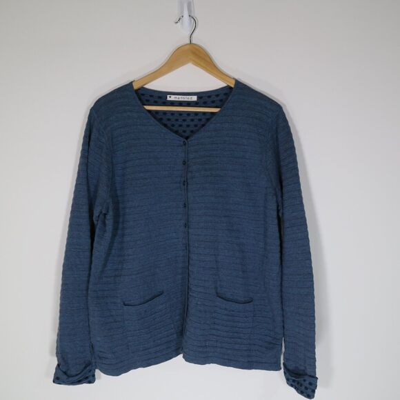 MANSTED Blue Cotton Cardigan Size XL Striped Dots Lagenlook Mixed Print Knit - Picture 7 of 7